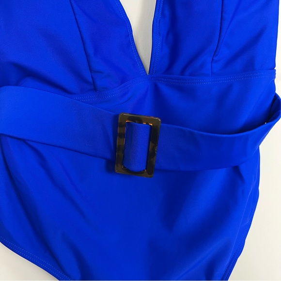 ONE PIECE SWIMSUIT PLUNGE V RUFFLE NECKLINE WITH BELT COBALT BLUE SIZE XL - Picture 13 of 15
